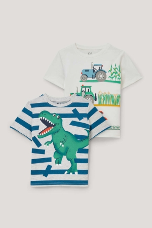C&A Multipack Of 2 Tractor And Dinosaur Sleeve T-shirt Pojke Vita | BNEQW-4218