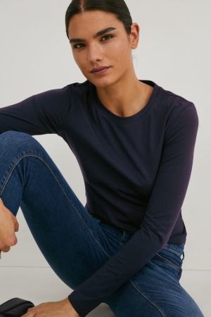 C&A Multipack Of 3 Basic Long Sleeve Organic Bomull Blast Dam Mörkblå | KRSJW-7284