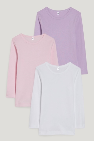 C&A Multipack Of 3 Vest Organic Bomull T-shirt Tjej Vita Rosa | YKLJP-7059