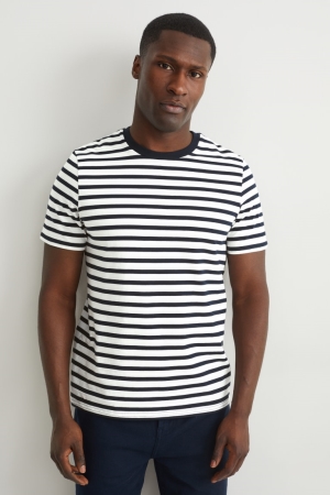 C&A Organic Bomull Randig T-shirt Herr Mörkblå Vita | ZXKMD-5682