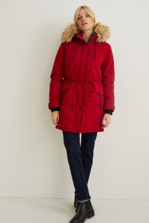 C&A Parka With Hood And Faux Fur Trim Vinter Rockar Dam Röda | APIWZ-6283