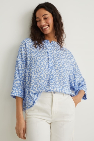 C&A Patterned Blusar Dam Vita Ljusblå | VBYHG-4138