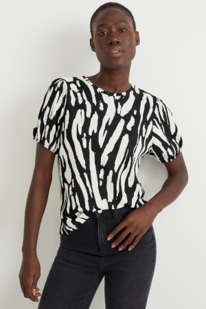 C&A Patterned T-shirt Dam Svarta Vita | EQOHR-7138