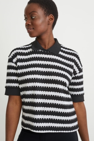 C&A Polo Randig Skjorta Dam Svarta Vita | JWCOY-7402