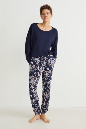 C&A Pyjamas Floral Nattkläder Dam Mörkblå | CNPYB-2913
