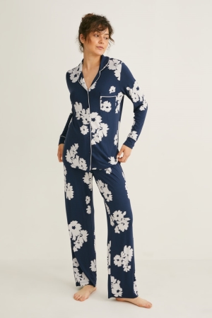 C&A Pyjamas Floral Nattkläder Dam Mörkblå | LPOQJ-1324
