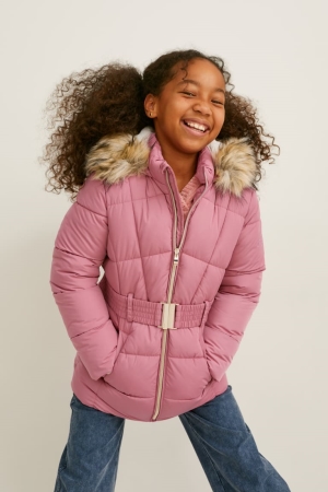 C&A Quiltad With Hood, Faux Fur Trim And Belt Jacka Tjej Mörkrosa | CBDSM-1960