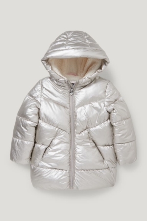 C&A Quiltad With Hood Shiny Jacka Tjej Silver | EBPFG-2379