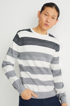 C&A Randig Jumpers Herr Vita Blå | PNIOU-3941