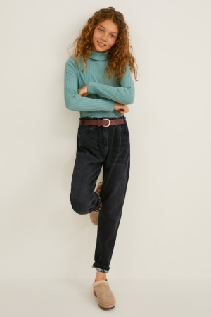 C&A Regular Fit With Belt Jeans Tjej Blå Mörkgrå | JSPNT-5260