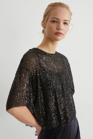C&A SequinShiny T-shirt Dam Svarta | NTQVE-4187