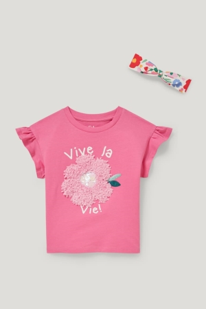 C&A Set Sleeve And Hairband 2 Piece Floral T-shirt Tjej Rosa | VTAML-1829