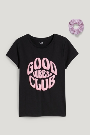 C&A Set Sleeve And Scrunchie In-conversion Bomull T-shirt Tjej Svarta | WHRET-9042