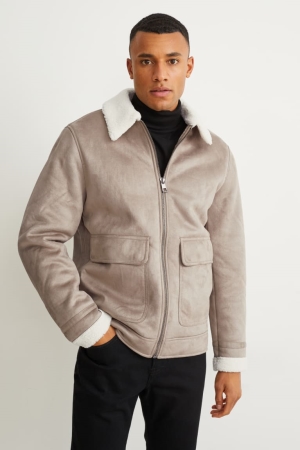 C&A Shearling Faux Mocka Jacka Herr Grå Bruna | IXMTZ-0832