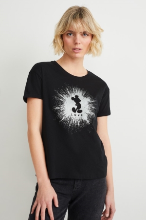 C&A Shiny Mickey Mouse T-shirt Dam Svarta | YMLVA-9381