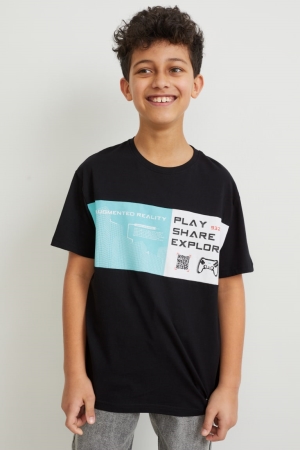 C&A Sleeve Augmented Reality Motif T-shirt Pojke Svarta | KDVUH-2847