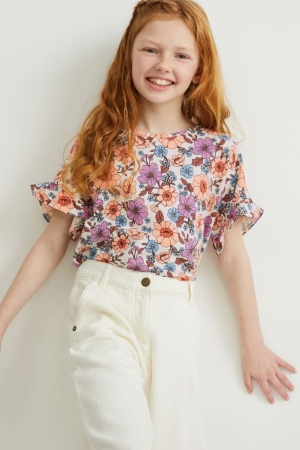C&A Sleeve Floral T-shirt Tjej Vita | ZJCNG-3107