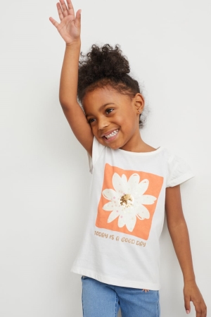 C&A Sleeve In-conversion Bomull T-shirt Tjej Vita | NIALP-9056
