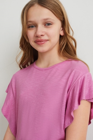 C&A Sleeve Shiny T-shirt Tjej Ljuslila | REKTH-4192