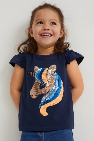 C&A Sleeve Shiny T-shirt Tjej Mörkblå | PKLSN-5304