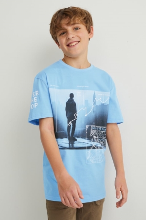 C&A Sleeve With In-conversion Bomull T-shirt Pojke Ljusblå | OHIXE-7105