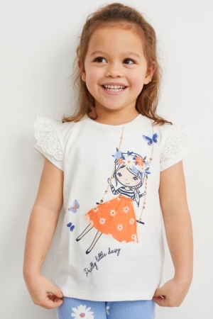 C&A Sleeve With In-conversion Bomull T-shirt Tjej Vita | PLZTW-1386