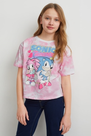 C&A Sonic Sleeve T-shirt Tjej Vita Rosa | TRAIK-0649