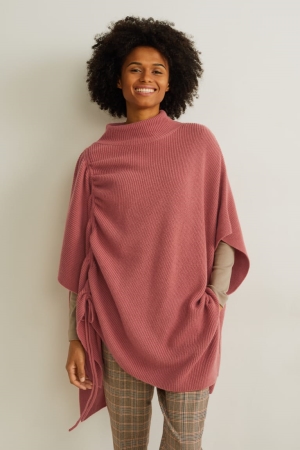 C&A Stickad Cashmere Blend Poncho Hoodie Dam Mörkrosa | KNRXE-2468