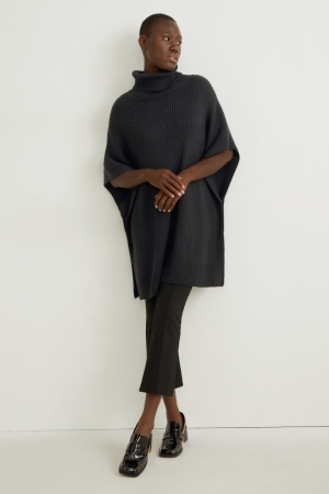 C&A Stickad Cashmere Blend Poncho Hoodie Dam Svarta | ZCRBT-2943