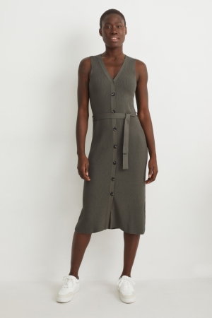 C&A Stickad WaistWith Livaeco™ Fibres Klänning Dam Mörkgröna | RGJME-9863
