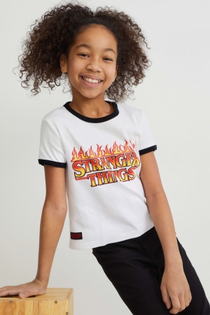C&A Stranger Things Sleeve T-shirt Tjej Vita | EFRLI-0738