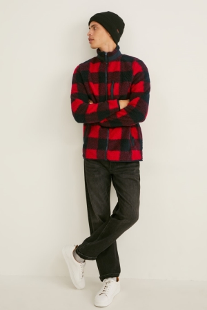 C&A Teddy Fur Check Jacka Herr Röda Svarta | BNYVM-5791