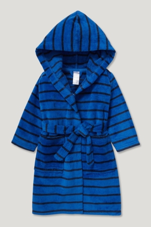 C&A Terry Cloth Bathrobe With Hood Organic Bomull Randig Underkläder Pojke Mörkblå | BQZOP-4967