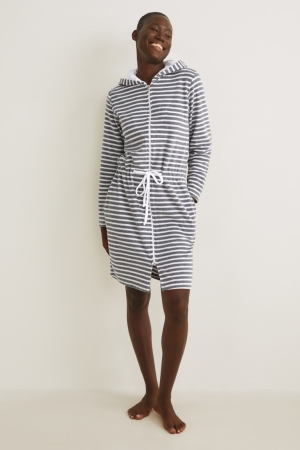 C&A Terry Cloth Bathrobe With Hood Randig Nattkläder Dam Vita Grå | DKQUF-5406