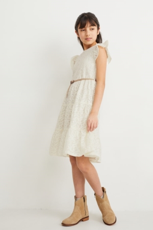 C&A With Belt Klänning Tjej Vita | JSNPG-7496