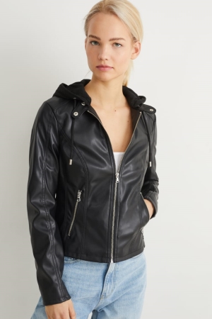 C&A With Hood Faux Läder Jacka Dam Svarta | DHTJA-3640