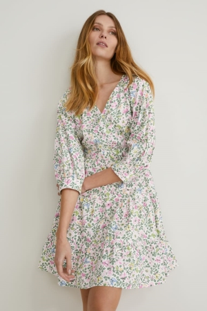 C&A Wrap Floral Klänning Dam Vita | OMWDG-1259